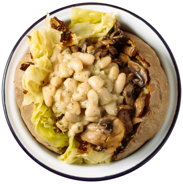 Cannellini beans, savoy cabbage, and mushrooms