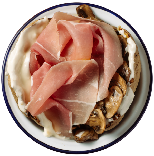 Funghi, fonduta di toma e prosciutto crudo